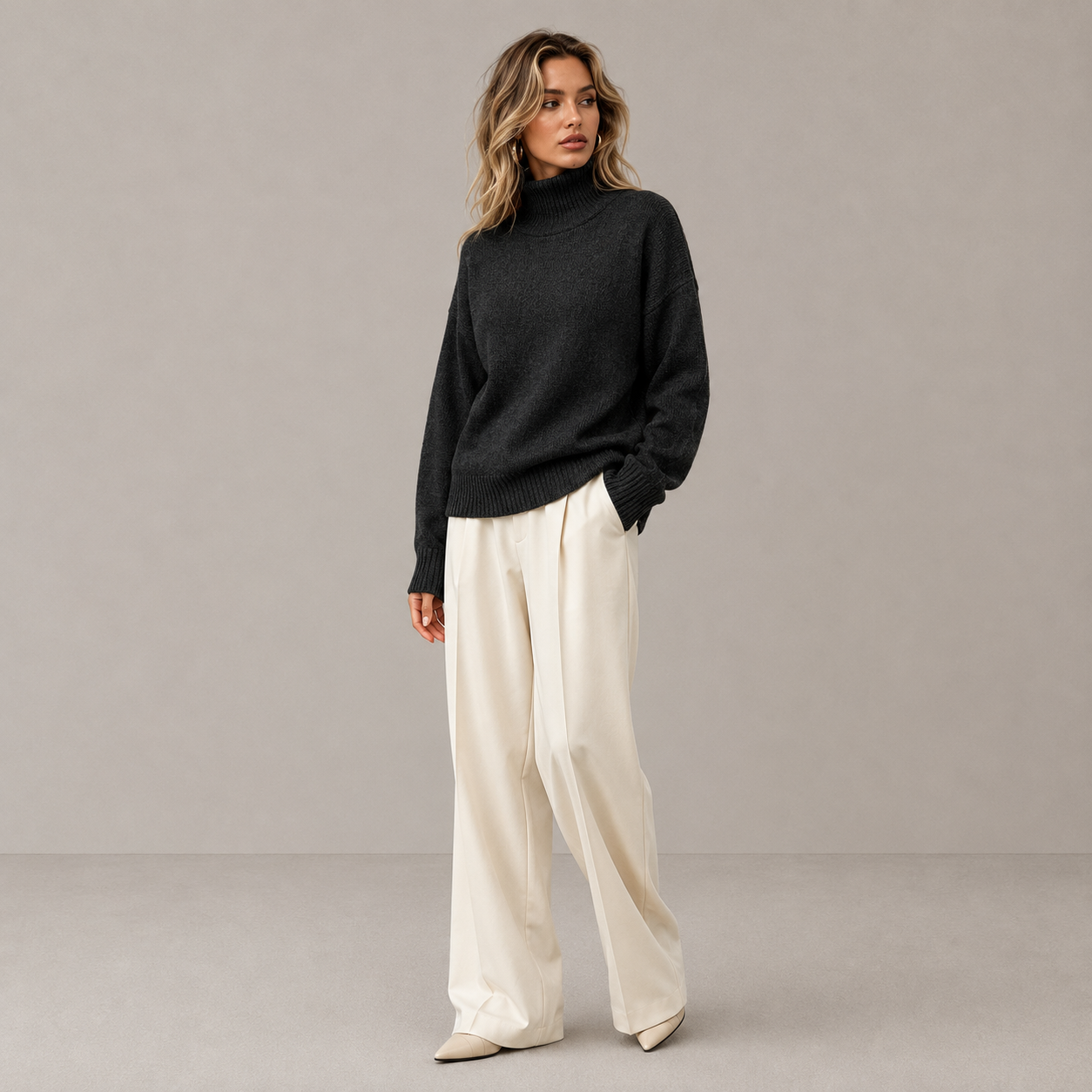 Autumn High Neck Drop Shoulder Solid Color Women's Elegant Long Sleeve Top