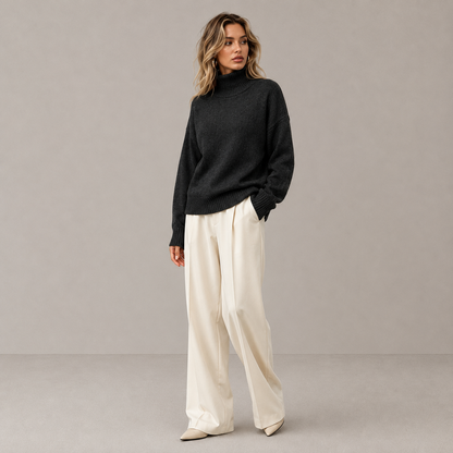 Autumn High Neck Drop Shoulder Solid Color Women's Elegant Long Sleeve Top