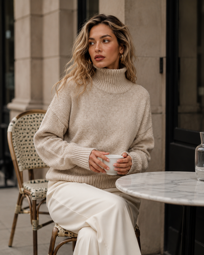 Autumn High Neck Drop Shoulder Solid Color Women's Elegant Long Sleeve Top