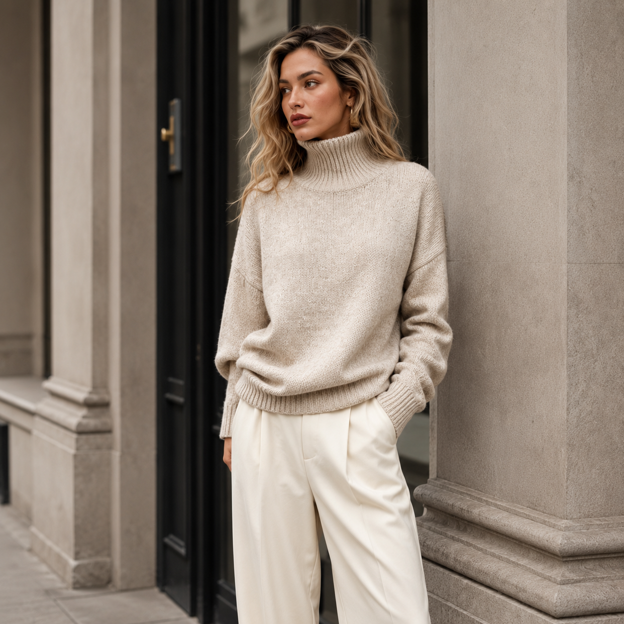 Autumn High Neck Drop Shoulder Solid Color Women's Elegant Long Sleeve Top