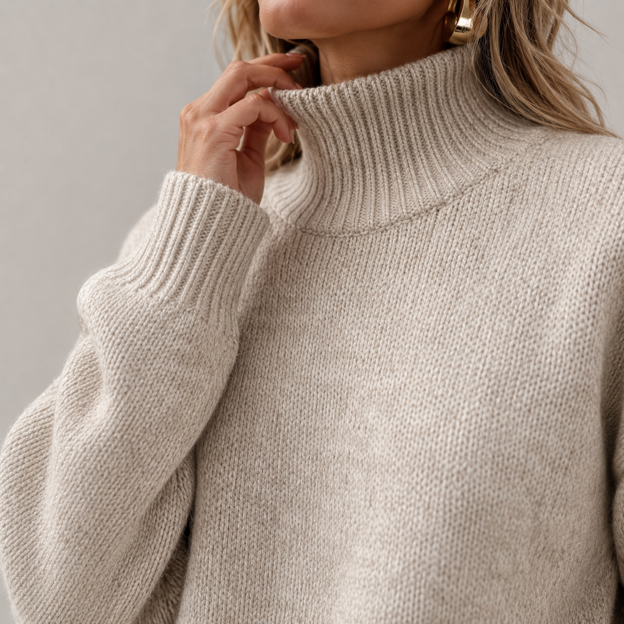 Autumn High Neck Drop Shoulder Solid Color Women's Elegant Long Sleeve Top