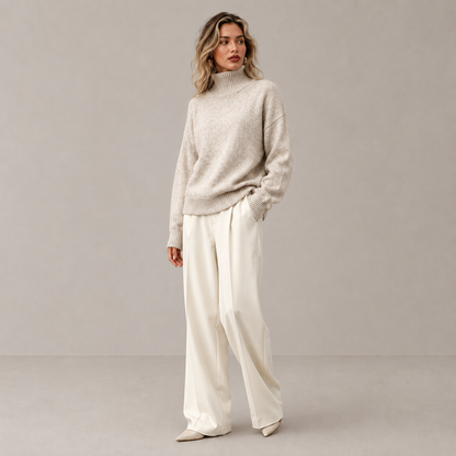 Autumn High Neck Drop Shoulder Solid Color Women's Elegant Long Sleeve Top