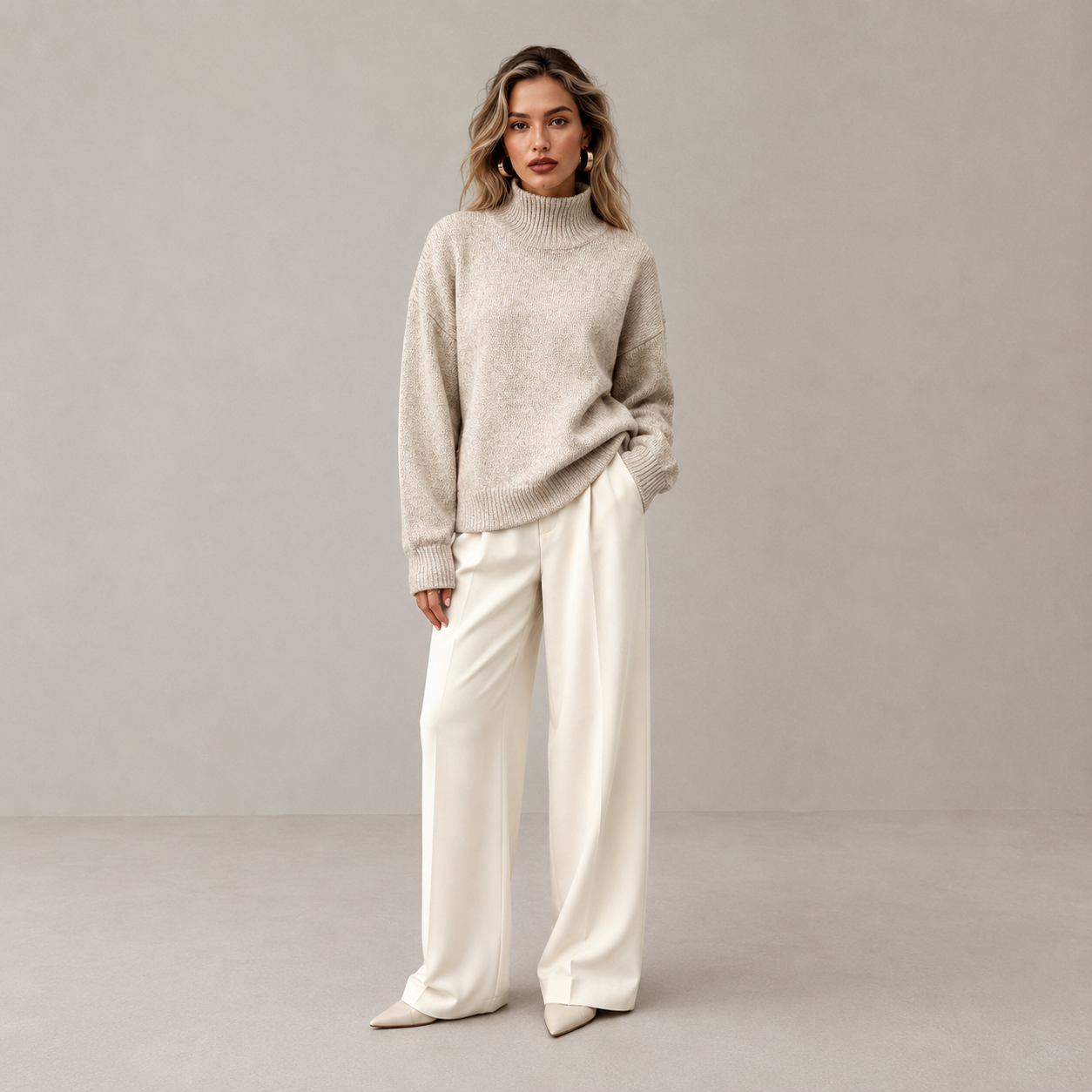 Autumn High Neck Drop Shoulder Solid Color Women's Elegant Long Sleeve Top