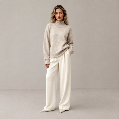 Autumn High Neck Drop Shoulder Solid Color Women's Elegant Long Sleeve Top