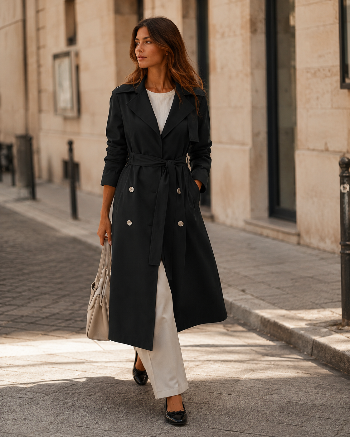 Trench Coat for Women Double Breasted Belted Coat with Pockets for Office Travel