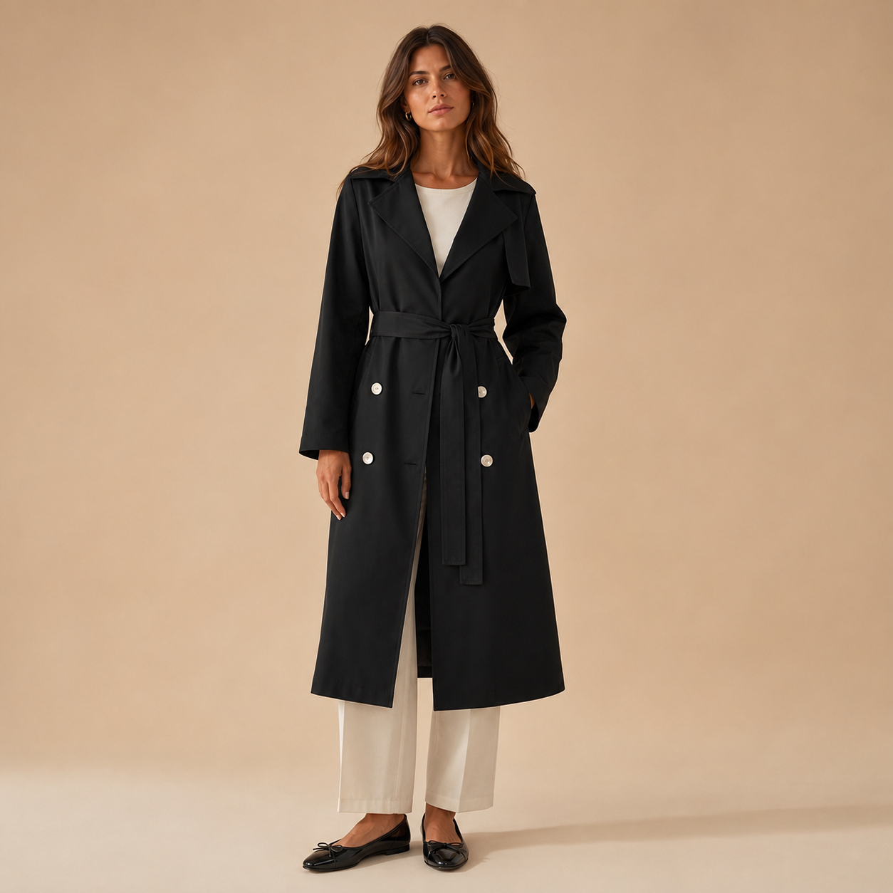 Trench Coat for Women Double Breasted Belted Coat with Pockets for Office Travel