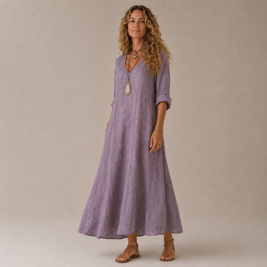 Casual Long Sleeve Dress for Women – V-Neck, Loose Fit and Solid Colour