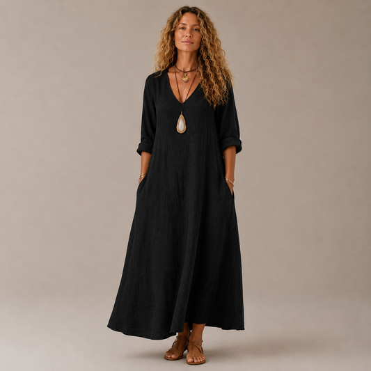 Casual Long Sleeve Dress for Women – V-Neck, Loose Fit and Solid Colour