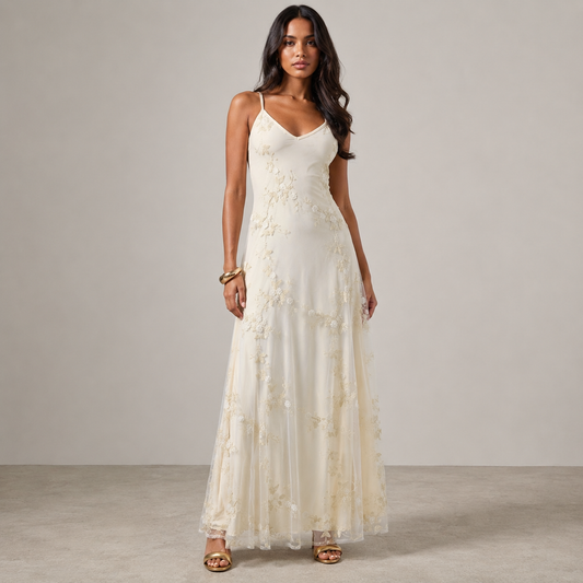 Wedding Guest Maxi Dress for Women – Embroidered Mesh, V-Neck and Sleeveless Slip Design
