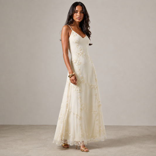 Wedding Guest Maxi Dress for Women – Embroidered Mesh, V-Neck and Sleeveless Slip Design