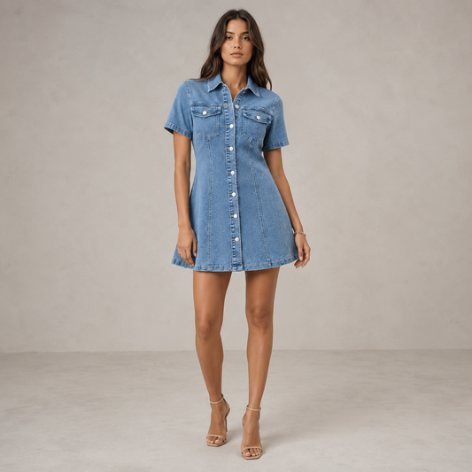 Denim Shirt Dress for Women – Short Sleeves, Button Front, Fitted Waist and Knee Length