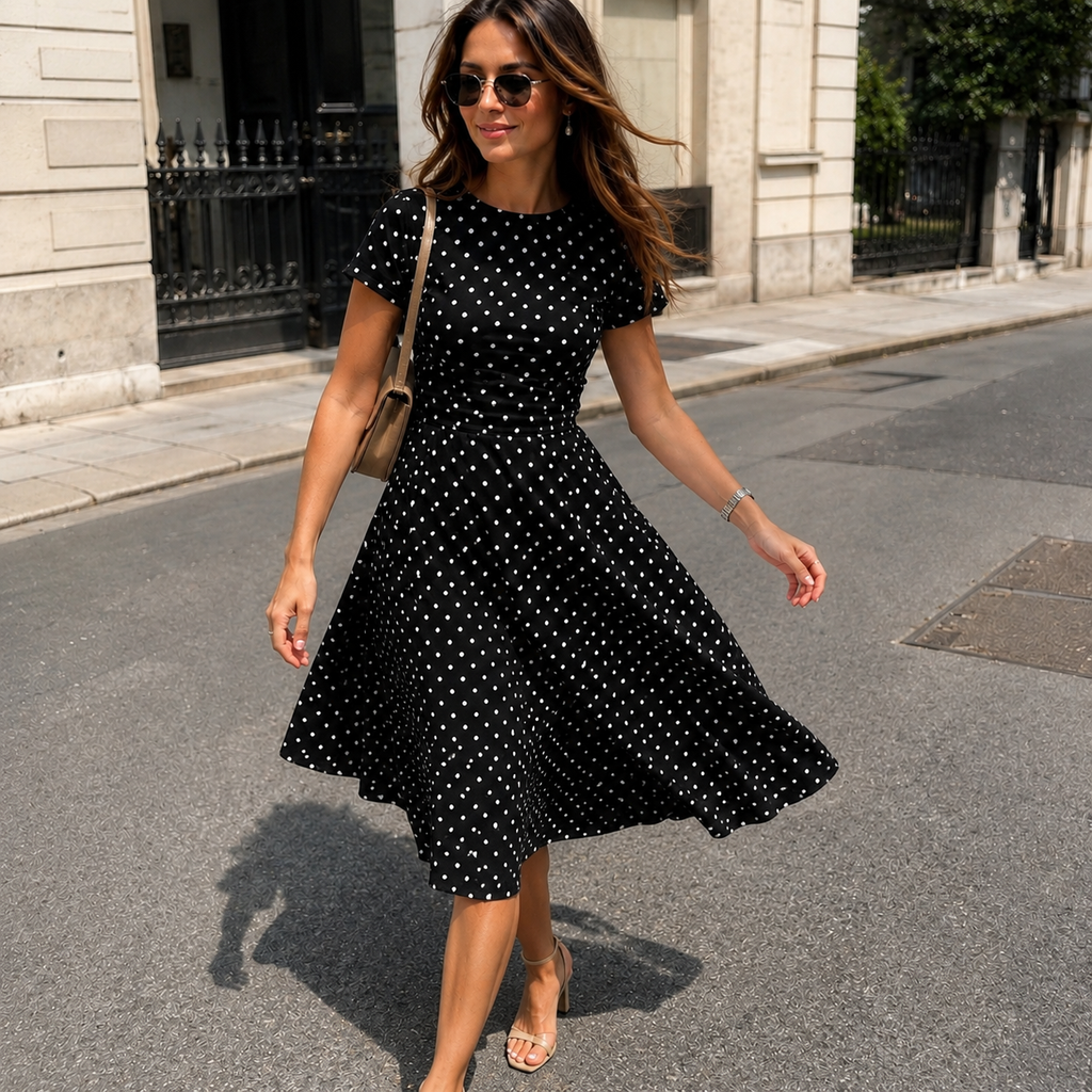 [White Polka Dot Midi Dress] New Women's White Polka Dot Midi Dress, Short Sleeves with Round Neckline, A-line Silhouette, Exuding Elegance, an Ideal Choice for Summer. White Polka Dot Short-sleeve Midi Dress, Elegant Round Neck A-line Long Dress, Summer