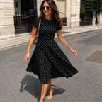 [White Polka Dot Midi Dress] New Women's White Polka Dot Midi Dress, Short Sleeves with Round Neckline, A-line Silhouette, Exuding Elegance, an Ideal Choice for Summer. White Polka Dot Short-sleeve Midi Dress, Elegant Round Neck A-line Long Dress, Summer
