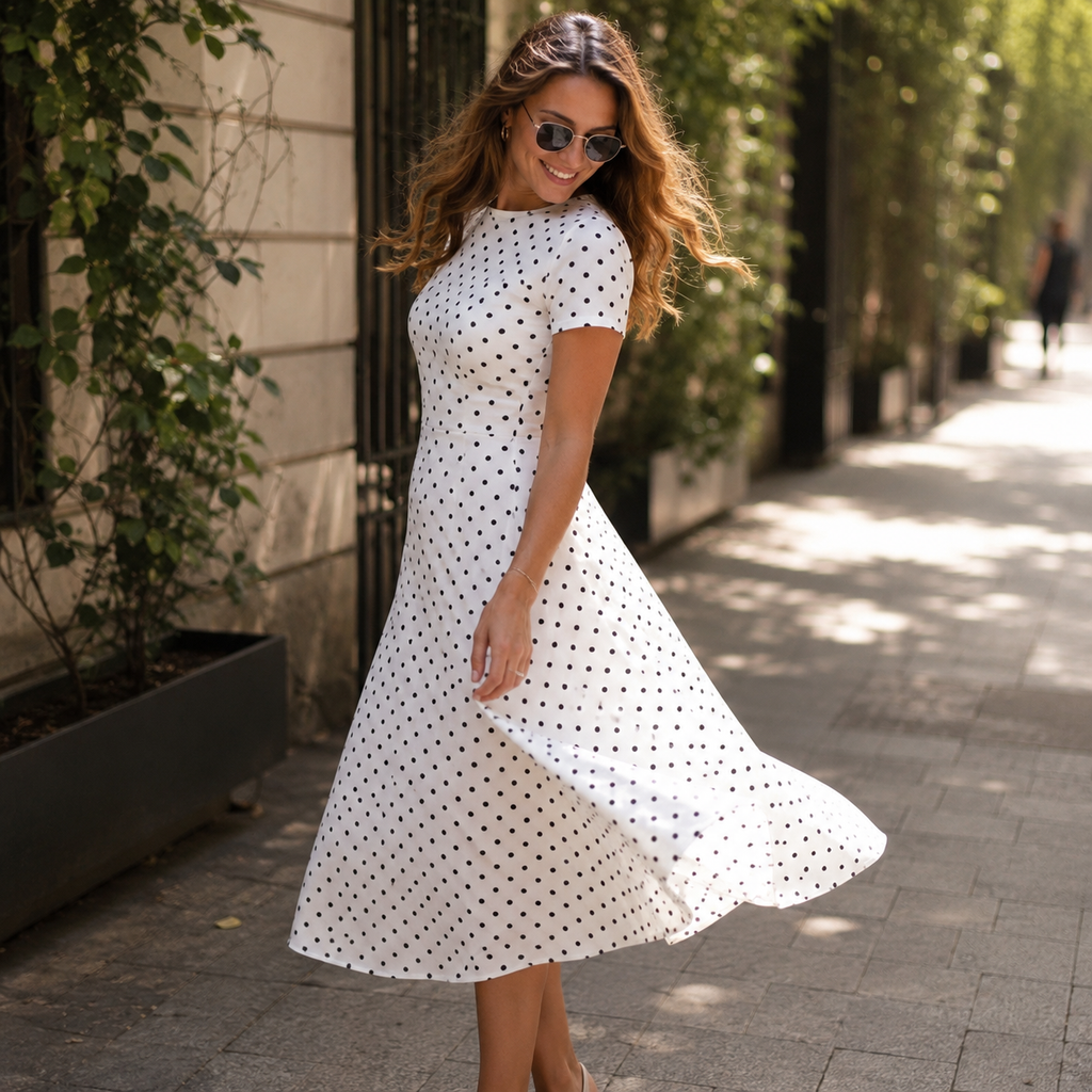 [White Polka Dot Midi Dress] New Women's White Polka Dot Midi Dress, Short Sleeves with Round Neckline, A-line Silhouette, Exuding Elegance, an Ideal Choice for Summer. White Polka Dot Short-sleeve Midi Dress, Elegant Round Neck A-line Long Dress, Summer