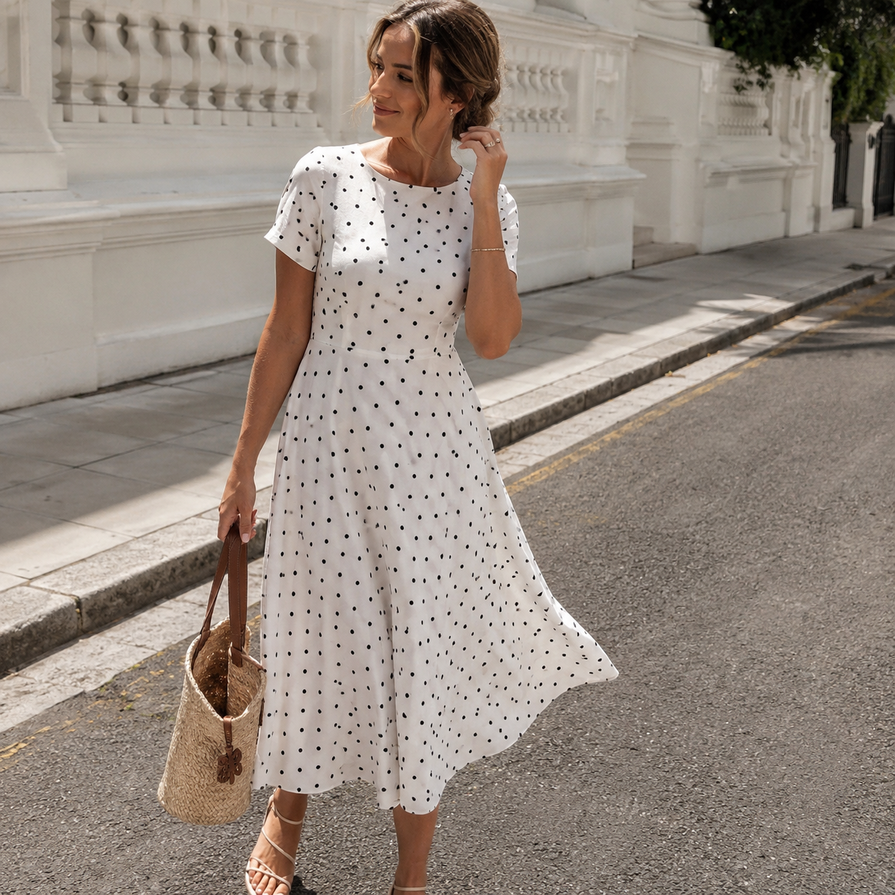 [White Polka Dot Midi Dress] New Women's White Polka Dot Midi Dress, Short Sleeves with Round Neckline, A-line Silhouette, Exuding Elegance, an Ideal Choice for Summer. White Polka Dot Short-sleeve Midi Dress, Elegant Round Neck A-line Long Dress, Summer
