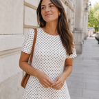 [White Polka Dot Midi Dress] New Women's White Polka Dot Midi Dress, Short Sleeves with Round Neckline, A-line Silhouette, Exuding Elegance, an Ideal Choice for Summer. White Polka Dot Short-sleeve Midi Dress, Elegant Round Neck A-line Long Dress, Summer