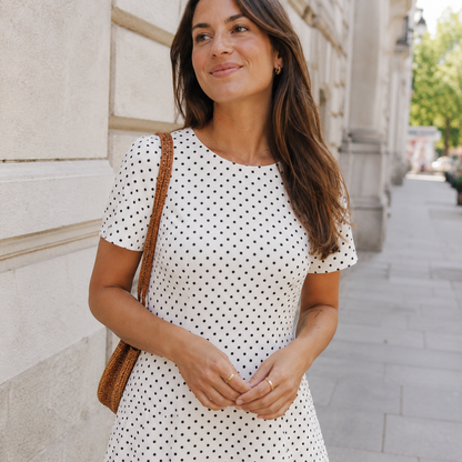 Polka Dot Midi Sundress for Women – Short Sleeves, Crew Neck, Fitted Waist and Flared Skirt