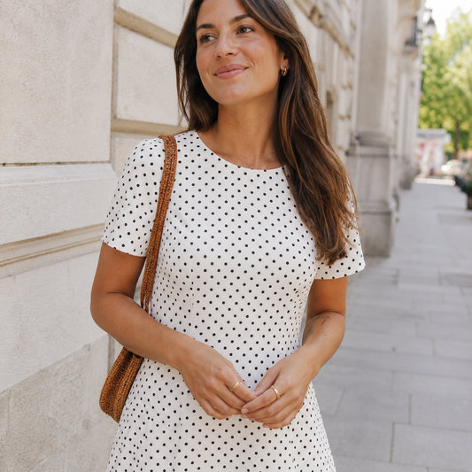 White Polka Dot Short-Sleeve Midi Dress