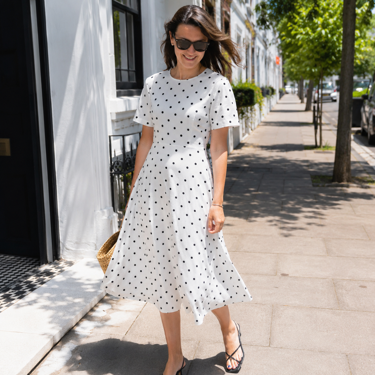 [White Polka Dot Midi Dress] New Women's White Polka Dot Midi Dress, Short Sleeves with Round Neckline, A-line Silhouette, Exuding Elegance, an Ideal Choice for Summer. White Polka Dot Short-sleeve Midi Dress, Elegant Round Neck A-line Long Dress, Summer