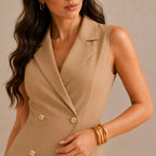 Elegant Directional Double-Breasted Lapel Pleated Hem Dress, Casual Commute Versatile Sleeveless Blazer Dress
