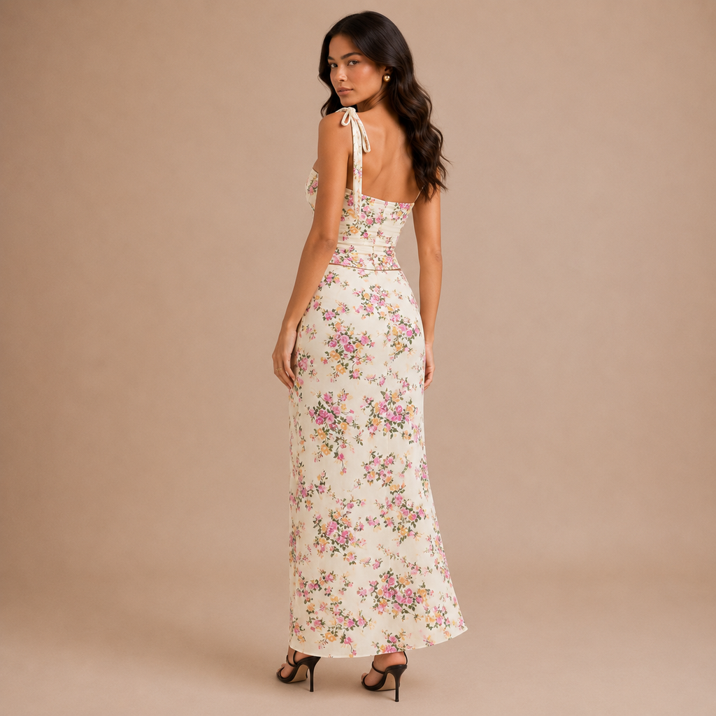 Sassygals French Holiday Style Floral Suspender Vest + Low-Waisted Hip-Hugging Long Skirt, Atmospheric Temperament Set