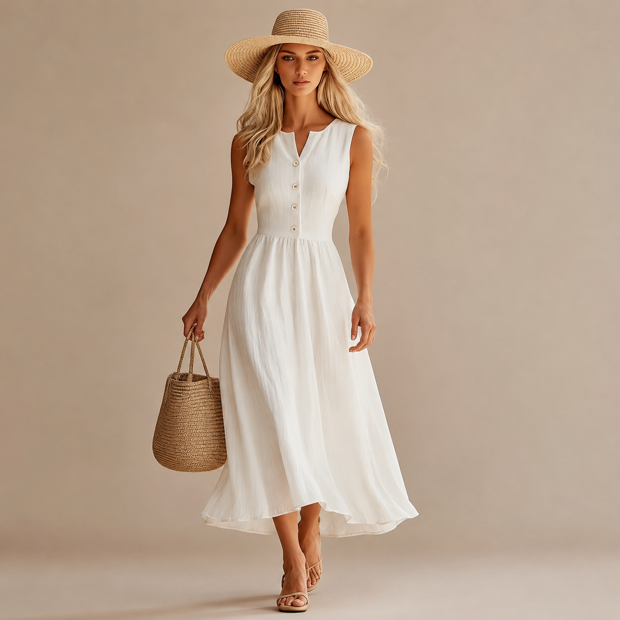 Women's Summer French-Style Waist-Cinching Midi A-Line Holiday Style Maxi Dress, 2026 New Arrival Classic Comfortable Sleeveless V-Neck Single-Breasted Dress