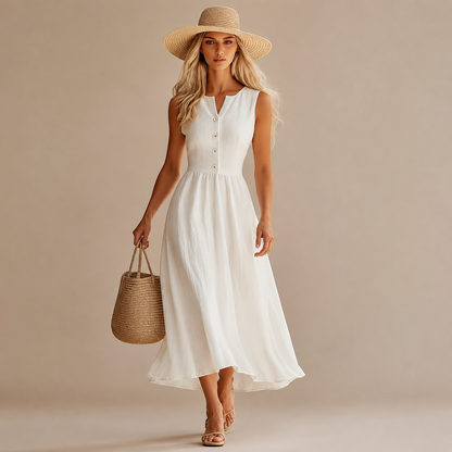 Sleeveless Midi Shirt Dress for Women – V-Neck, Button Front, Defined Waist and A-Line Skirt