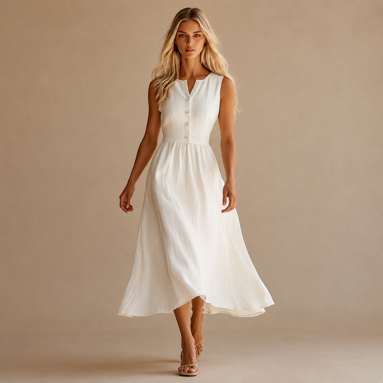 Women's Summer French-Style Waist-Cinching Midi A-Line Holiday Style Maxi Dress, 2026 New Arrival Classic Comfortable Sleeveless V-Neck Single-Breasted Dress