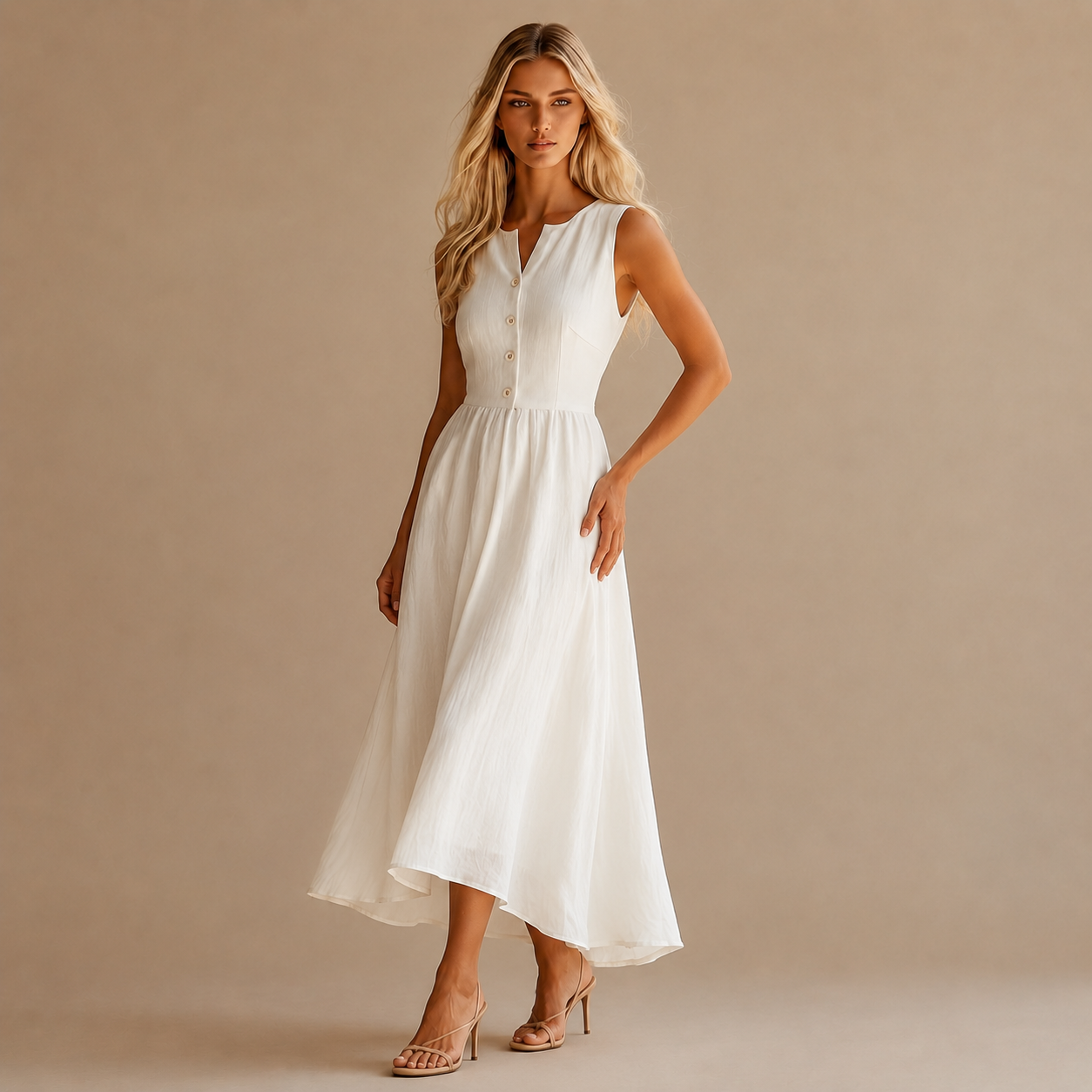 Women's Summer French-Style Waist-Cinching Midi A-Line Holiday Style Maxi Dress, 2026 New Arrival Classic Comfortable Sleeveless V-Neck Single-Breasted Dress