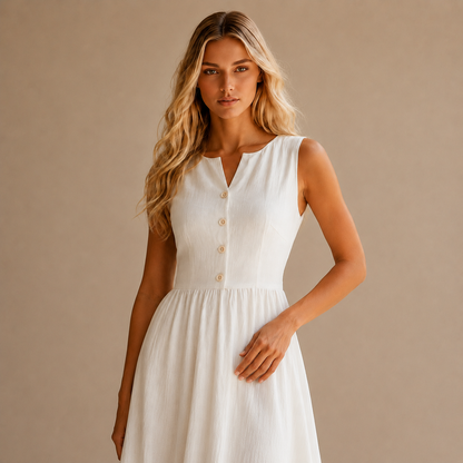 Sleeveless Midi Shirt Dress for Women – V-Neck, Button Front, Defined Waist and A-Line Skirt