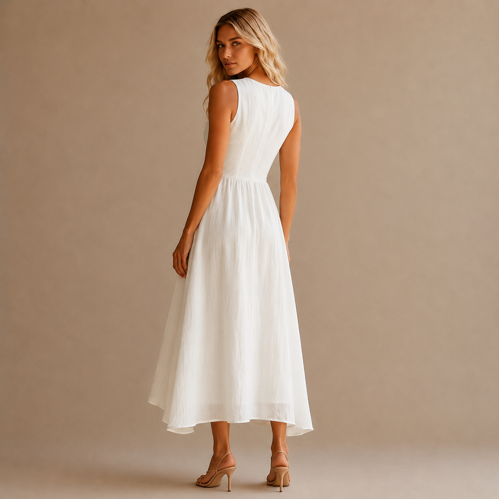 Women's Summer French-Style Waist-Cinching Midi A-Line Holiday Style Maxi Dress, 2026 New Arrival Classic Comfortable Sleeveless V-Neck Single-Breasted Dress