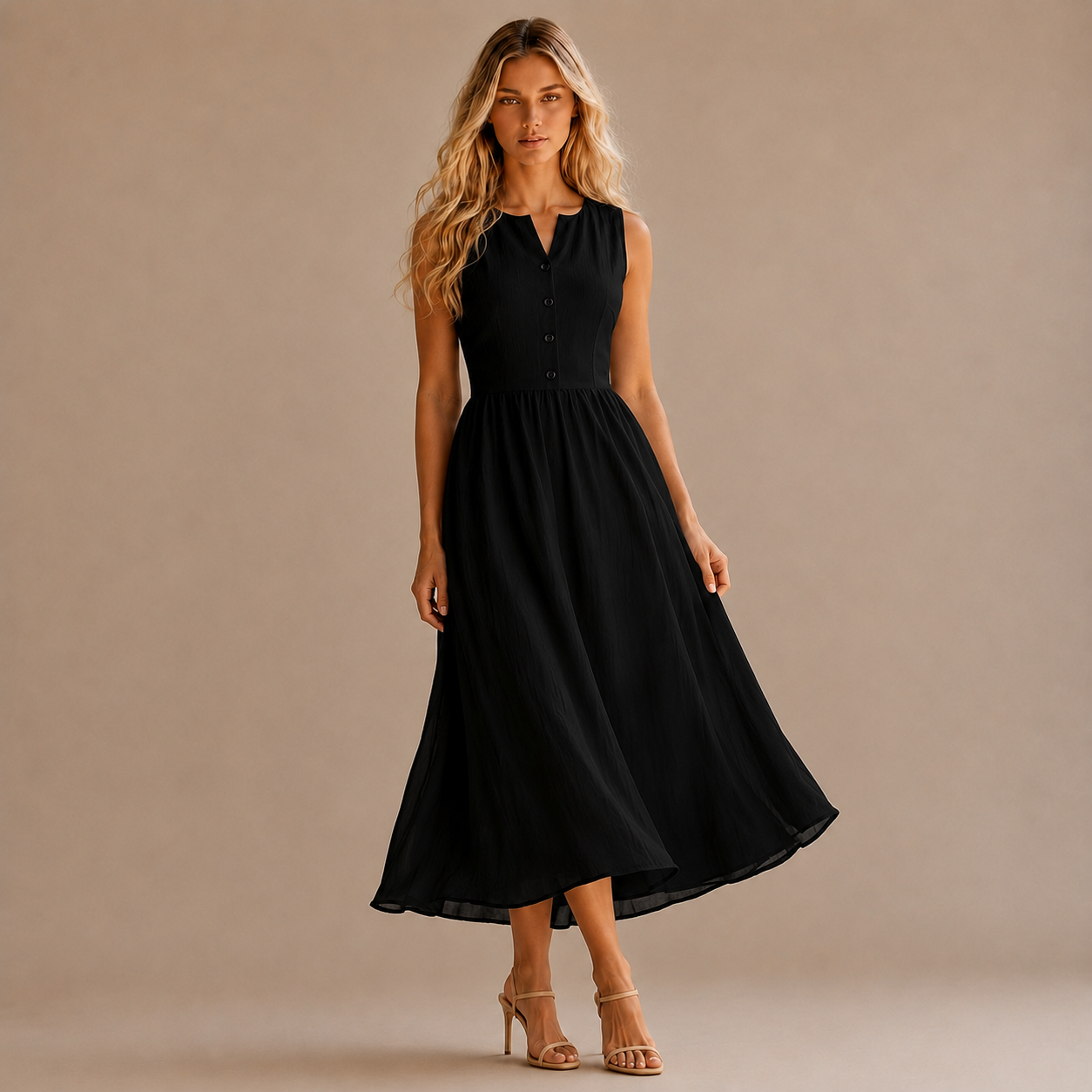 Women's Summer French-Style Waist-Cinching Midi A-Line Holiday Style Maxi Dress, 2026 New Arrival Classic Comfortable Sleeveless V-Neck Single-Breasted Dress