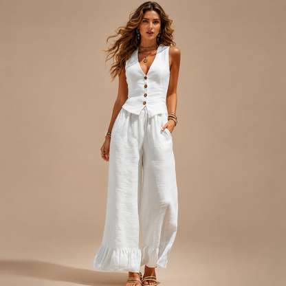 Women’s Co-Ord Set – Button Waistcoat and Wide Leg Trousers with Pockets and Ruffle Hem