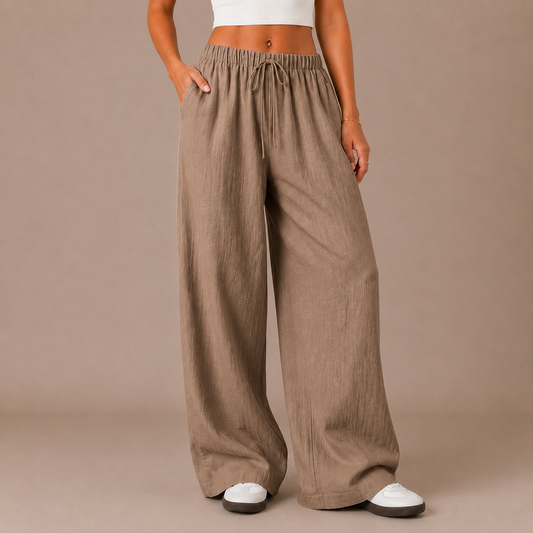 Linen Trousers Women Drawstring Wide Leg Pants for Summer Travel Office