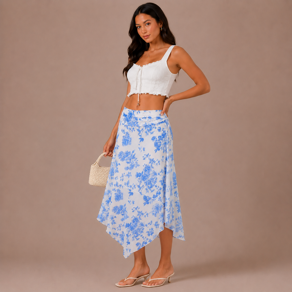 Blue Print A-Line Skirt