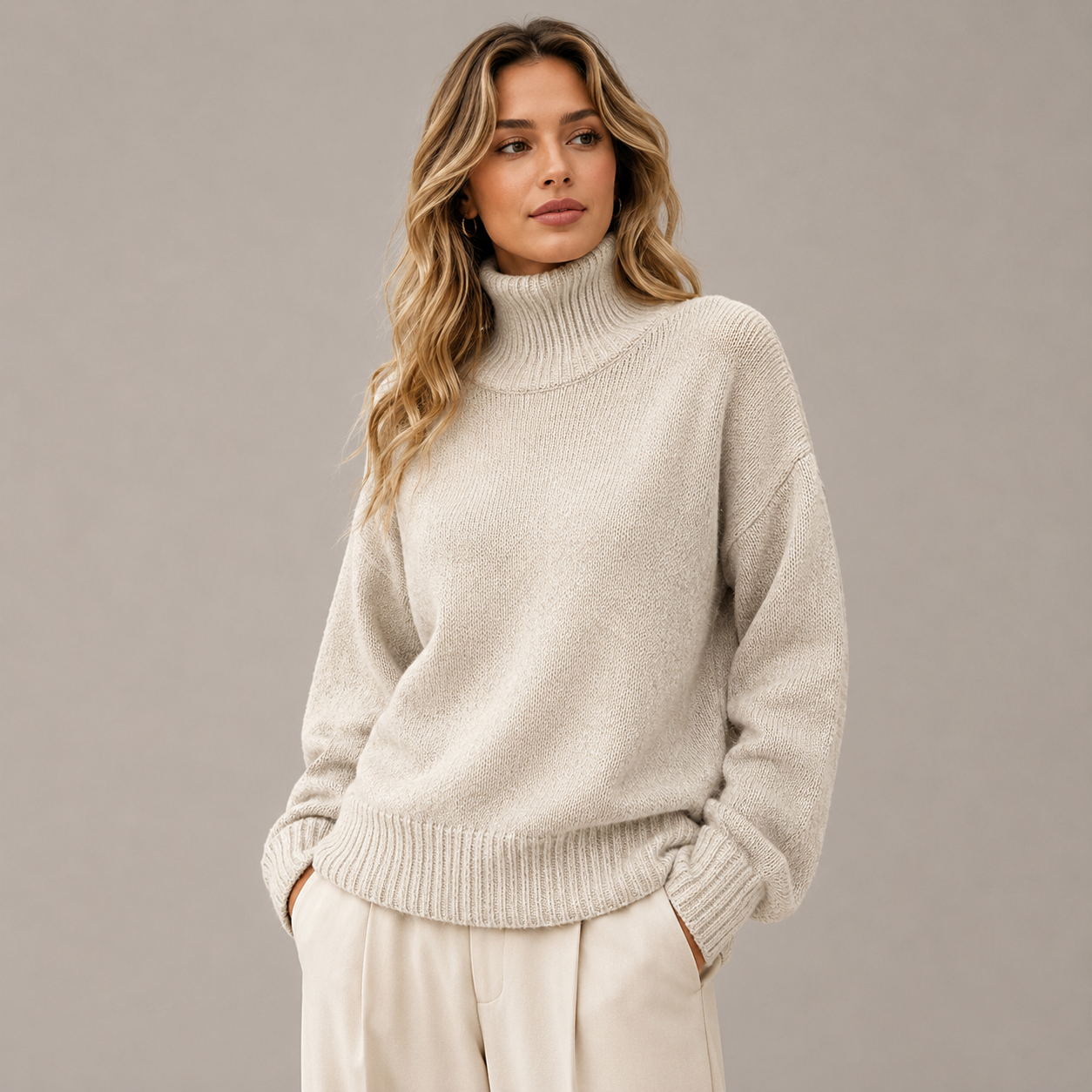 Autumn High Neck Drop Shoulder Solid Color Women's Elegant Long Sleeve Top