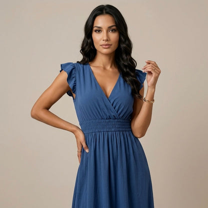 Summer Maxi Dress for Women – V-Neck, Flutter Sleeves, Smocked Waist and Tiered Hem
