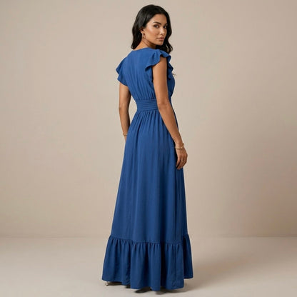 Summer Maxi Dress for Women – V-Neck, Flutter Sleeves, Smocked Waist and Tiered Hem