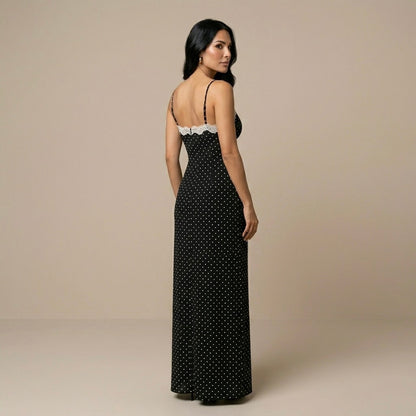 Maxi Dress for Women – Lace-Trim V-Neck, Spaghetti Straps, Fitted Shape and Flared Hem