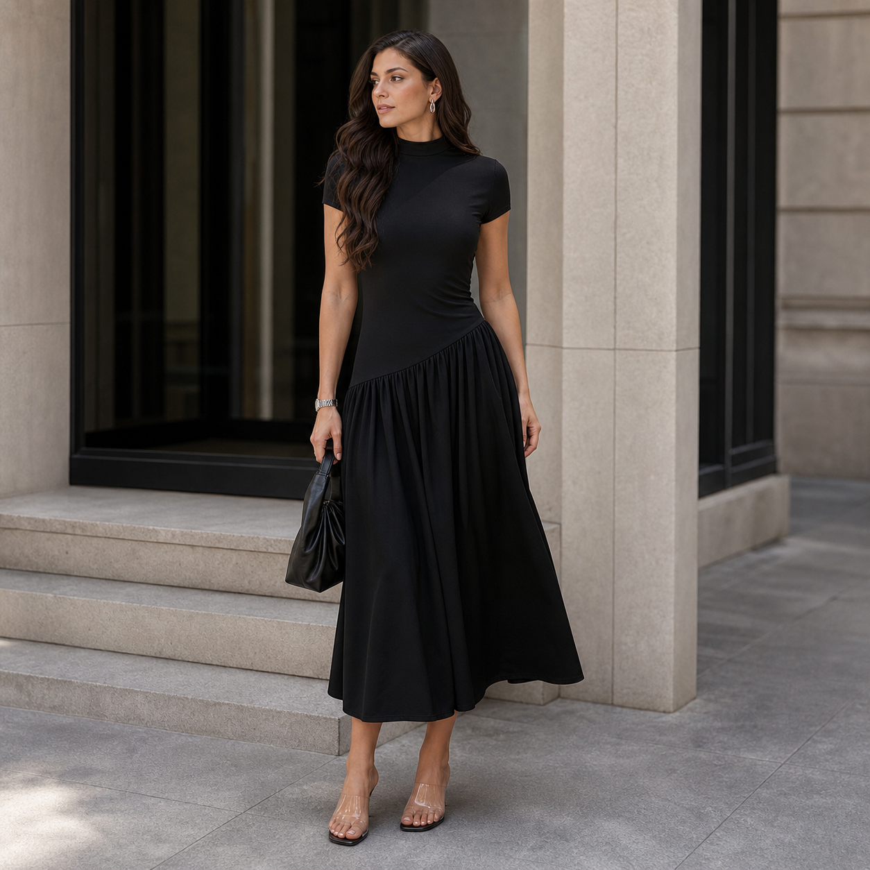 Midi Dress for Women Puff Sleeve Pleated Long Dress for Day Events Smart Casual Summer