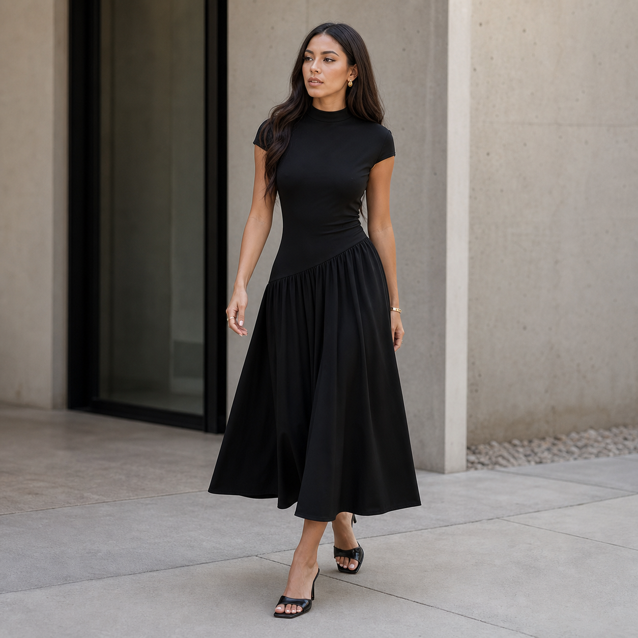 Midi Dress for Women Puff Sleeve Pleated Long Dress for Day Events Smart Casual Summer