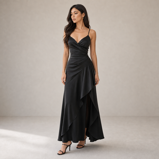 Satin Dress for Women Spaghetti Strap Ruched Open Back Party Wedding Guest Dress