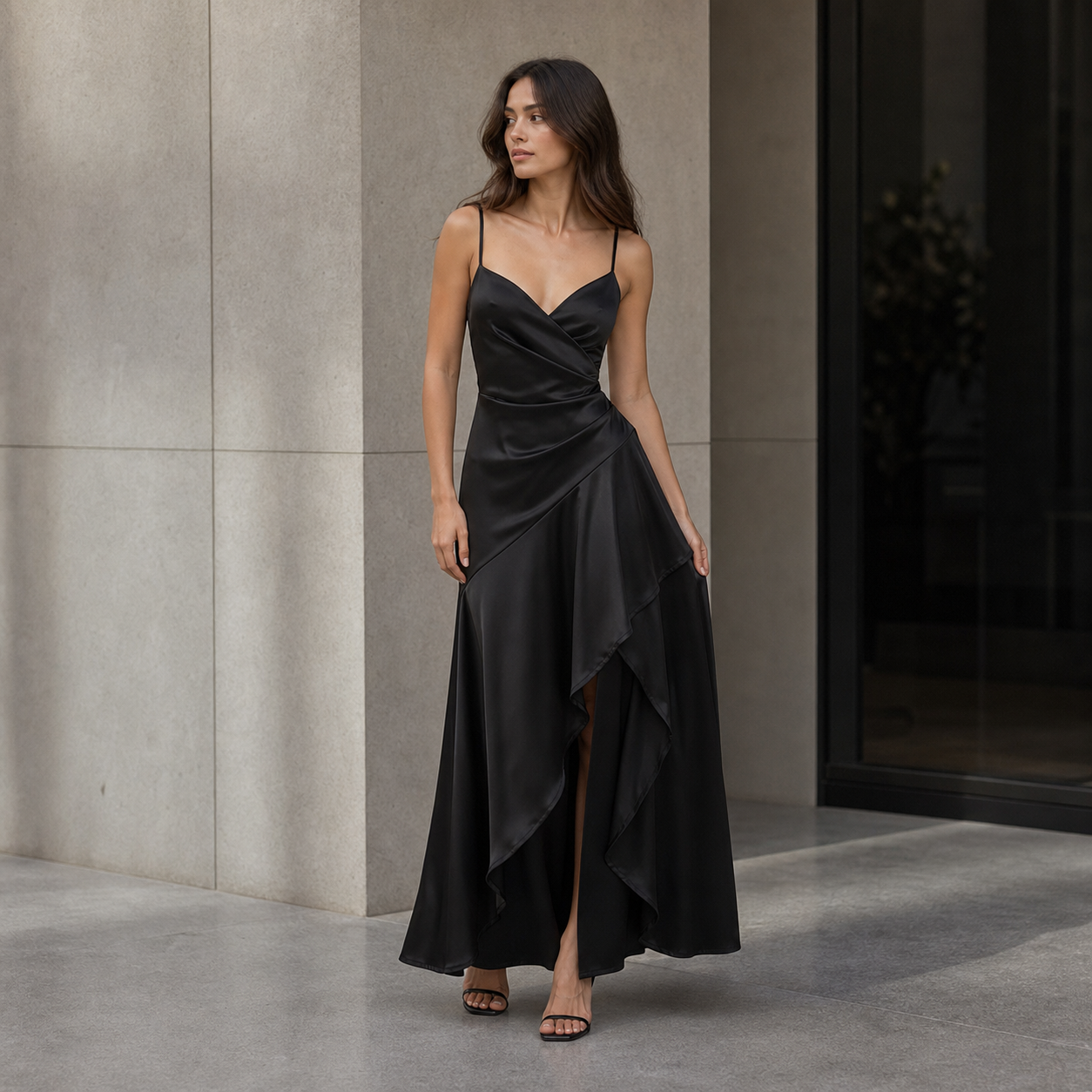 Satin Dress for Women Spaghetti Strap Ruched Open Back Party Wedding Guest Dress