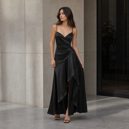 Satin Dress for Women Spaghetti Strap Ruched Open Back Party Wedding Guest Dress