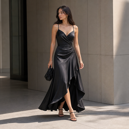 Satin Dress for Women Spaghetti Strap Ruched Open Back Party Wedding Guest Dress