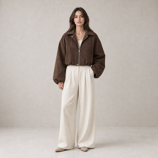 Cropped Jacket for Women Drop Shoulder Zip Jacket with Lapel for Autumn Smart Casual