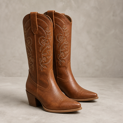 Women's Embroidered Western Cowboy Boots with Fleece Lining and Non-Slip Sole