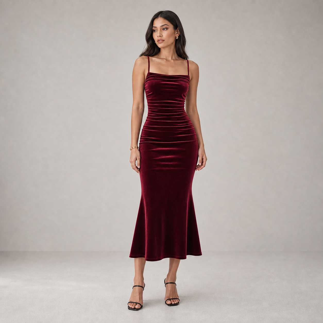 Party Dress for Women Ruched Spaghetti Strap Burgundy Midi Dress for Birthday Dinner Events