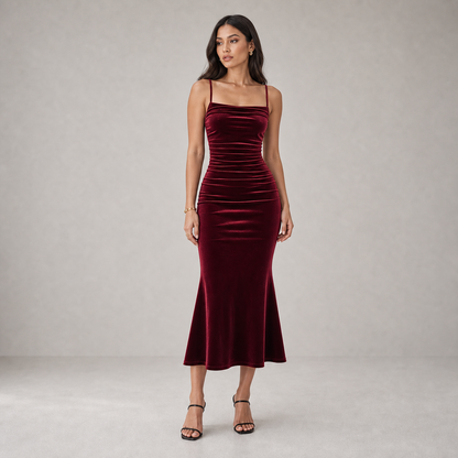 Party Dress for Women Ruched Spaghetti Strap Burgundy Midi Dress for Birthday Dinner Events