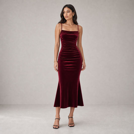Party Dress for Women Ruched Spaghetti Strap Burgundy Midi Dress for Birthday Dinner Events